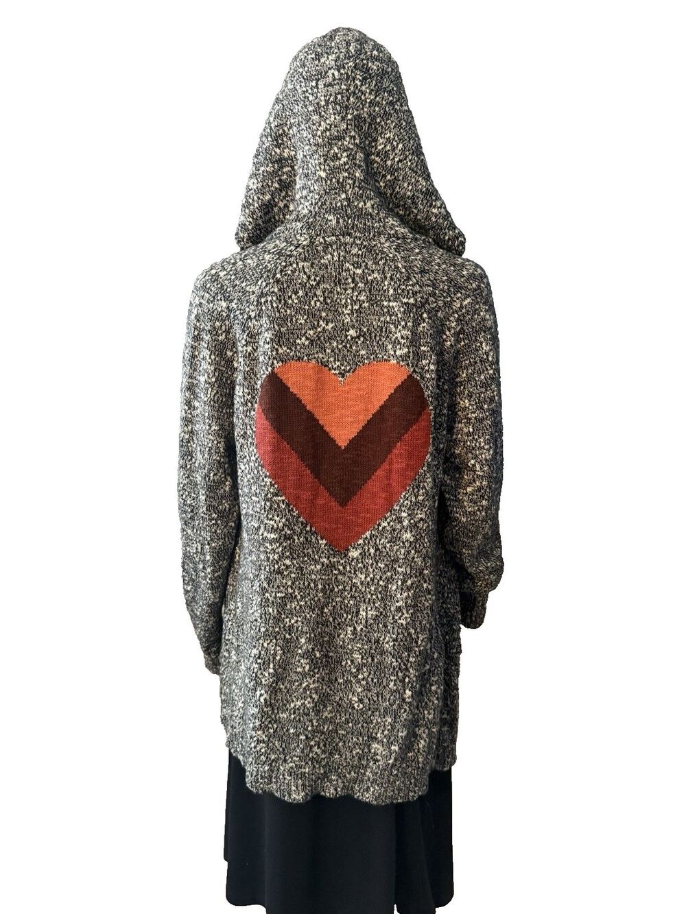 Life Is Good Open Long Cardigan Marled Black Cotton Heart Hood Whimsical SZ M